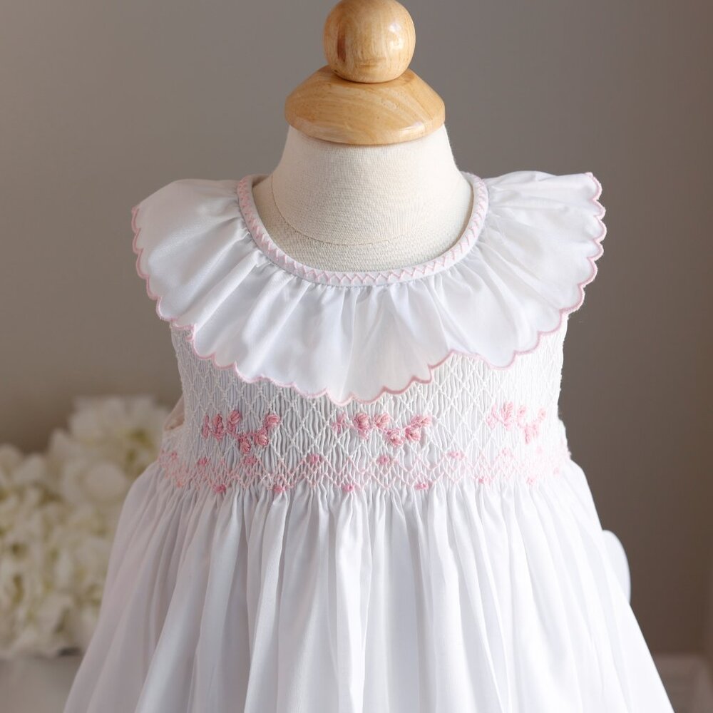 Smocked White Dress with Pink Embroidery Boutique Luli & Me Sleeveless NWT - Picture 2 of 4